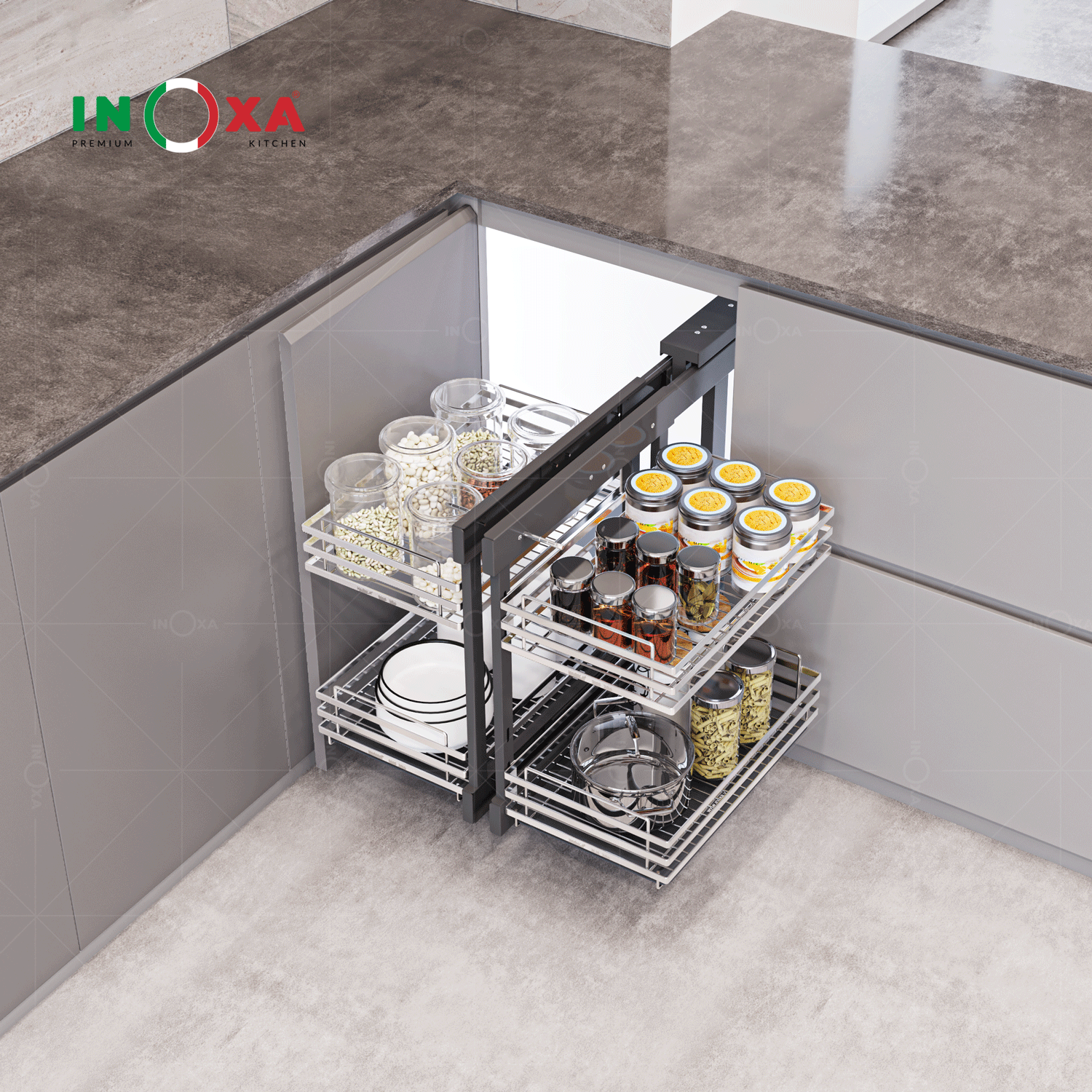Giá góc liên hoàn mở toàn phần inox nan dẹt Inoxa